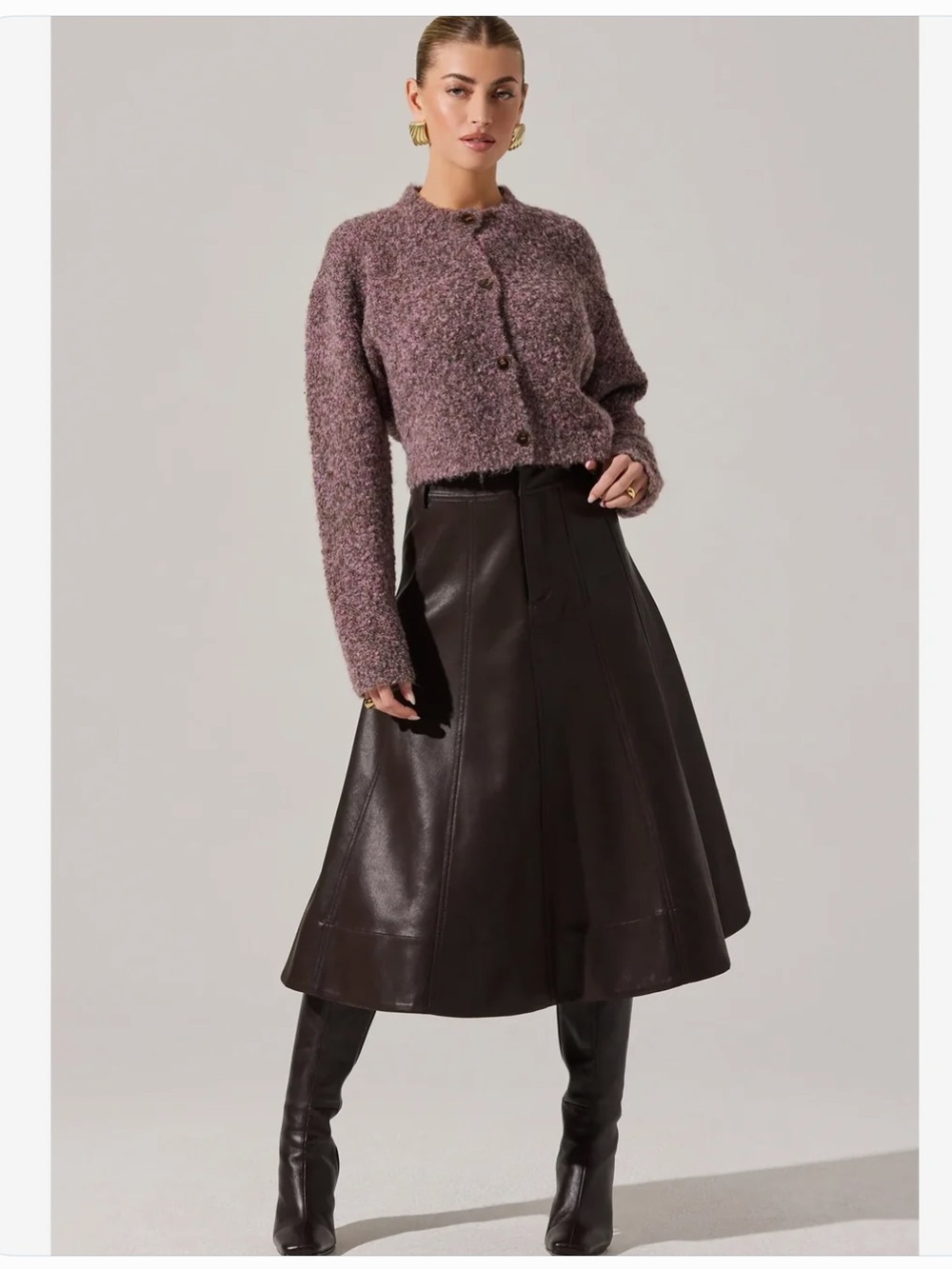 Zhuri Dark Brown Leather Midi Skirt